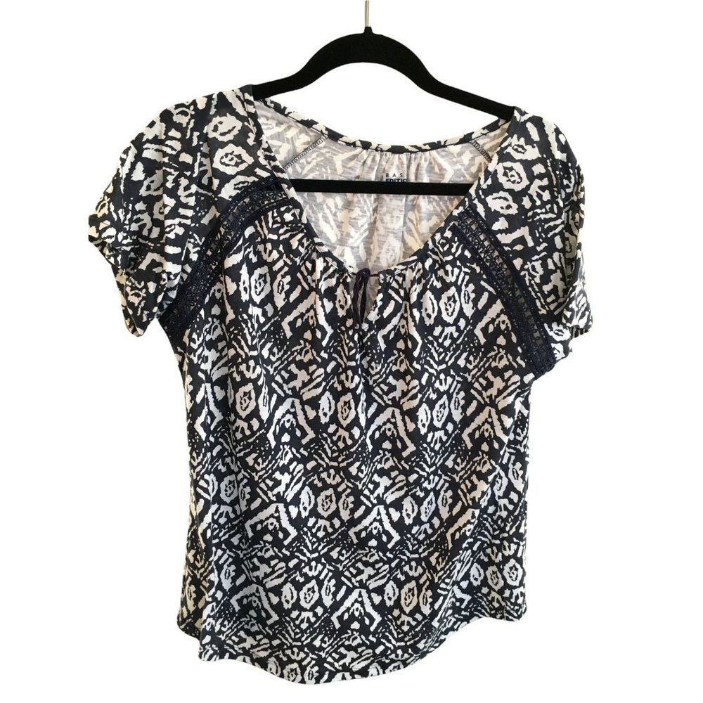 Basic Editions Shirt Navy Blue and White Cotton Spring Top Casual Womens Medium